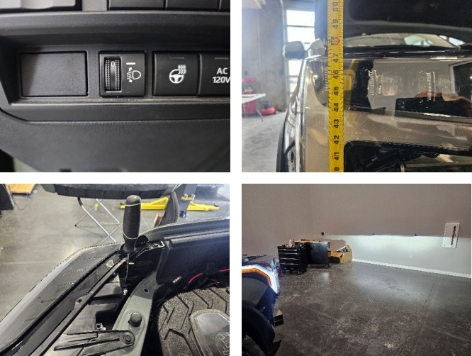 Manual leveling control, headlight height measurement, aiming adjustment, and cutoff on a wall