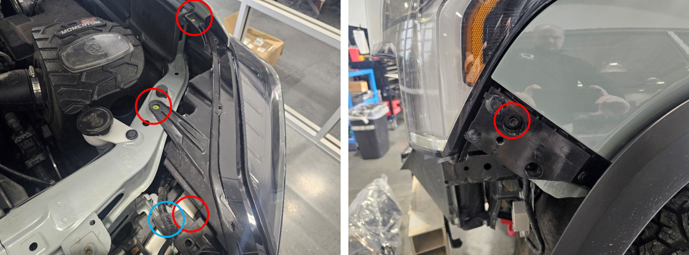 Driver-side headlight fasteners and wiring harness clip locations