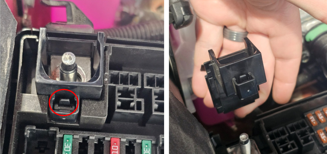 Protective housing release clip and housing lifted from the hybrid power lug