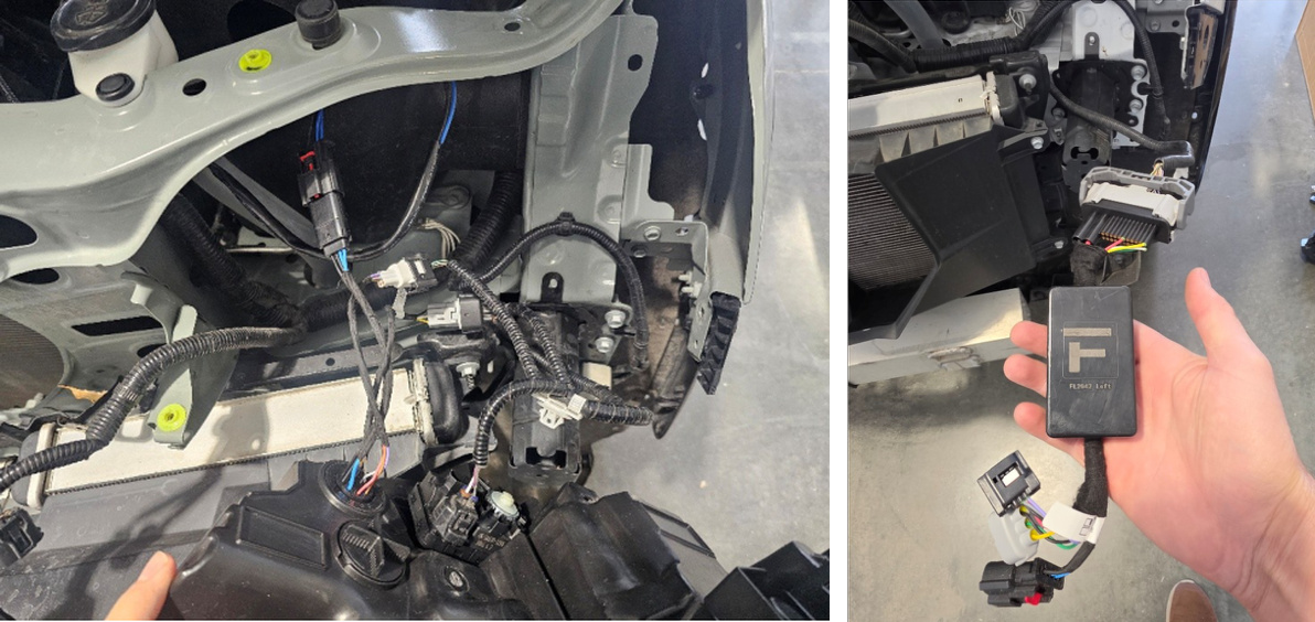 Reflector headlight connections and inline decoder box for factory projector headlights