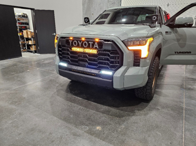 Toyota Tundra with FORM headlights installed and front bumper reassembled