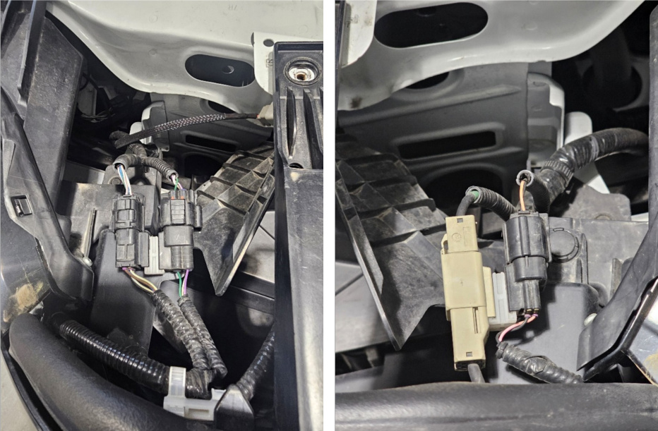 Front-end connectors near the passenger-side and driver-side headlights