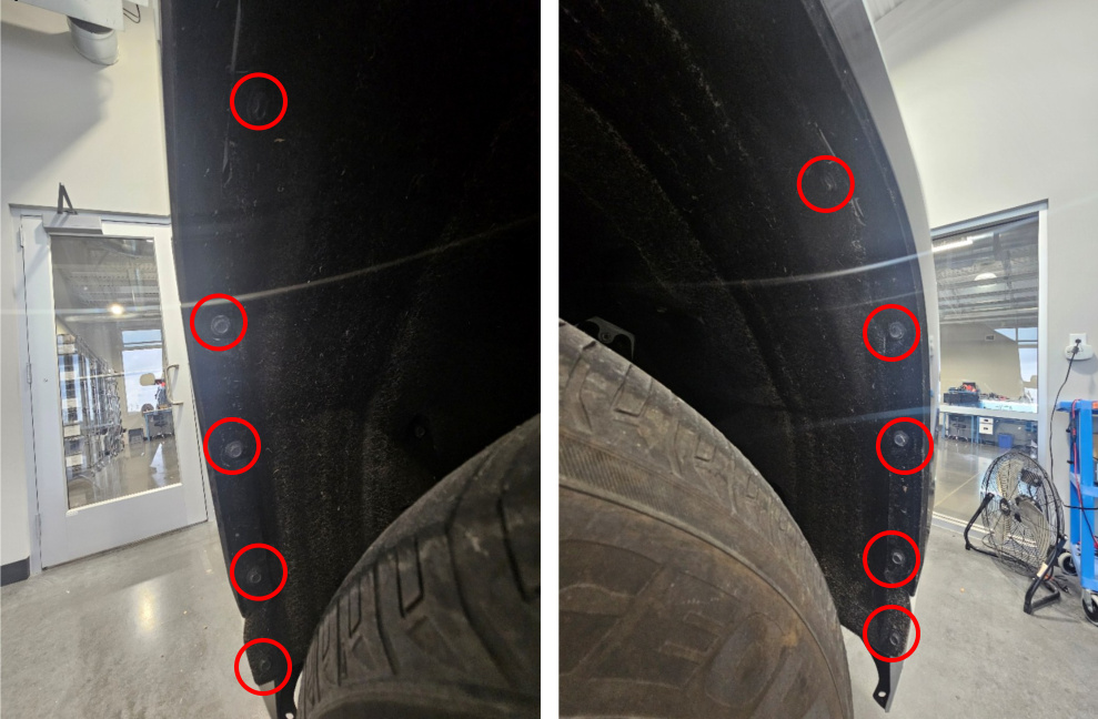 Fastener locations in both front fender wells